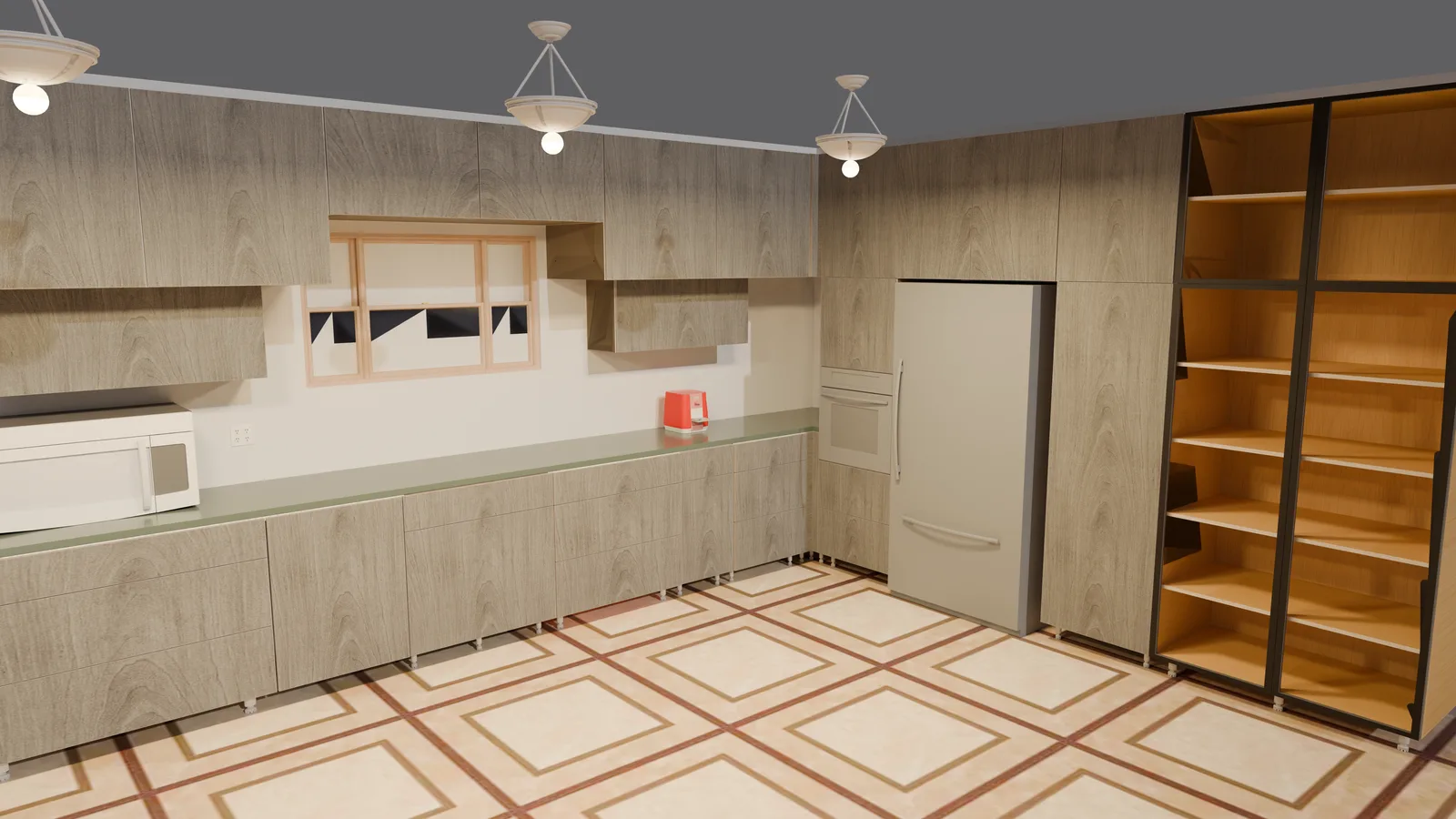 תצוגה מקדימה מהירה (OpenGL) של מטבח בגוון עץ אפור עם רצפת אריחים
